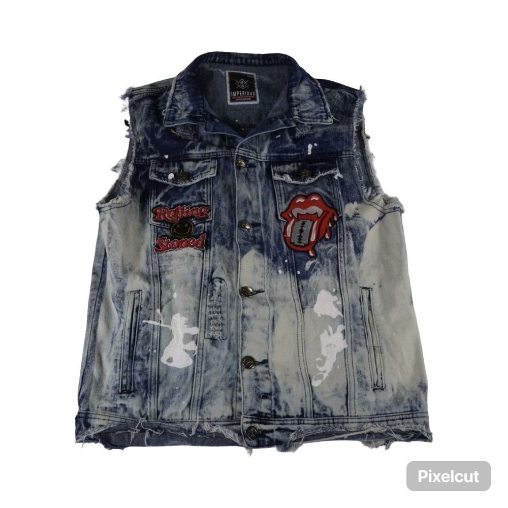 Imperious Denim Vest Men's Large Rolling Stones Patch Acid Wash Distressed Punk‎